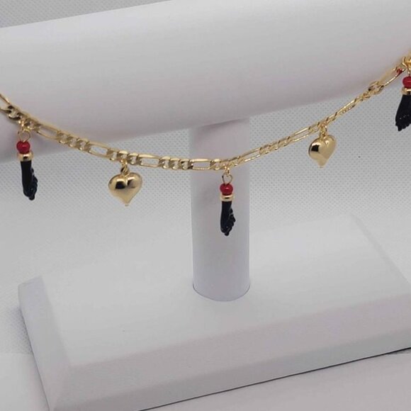 Brand New Brazilian 18k Gold Filled Heart & Azabache Anklet - Picture 6 of 7